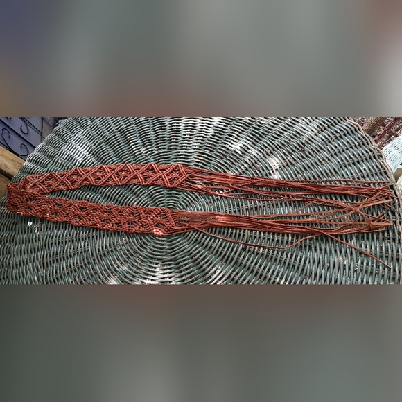 Boho Macrame woven braided leather tie belt fringe brown - Picture 1 of 2